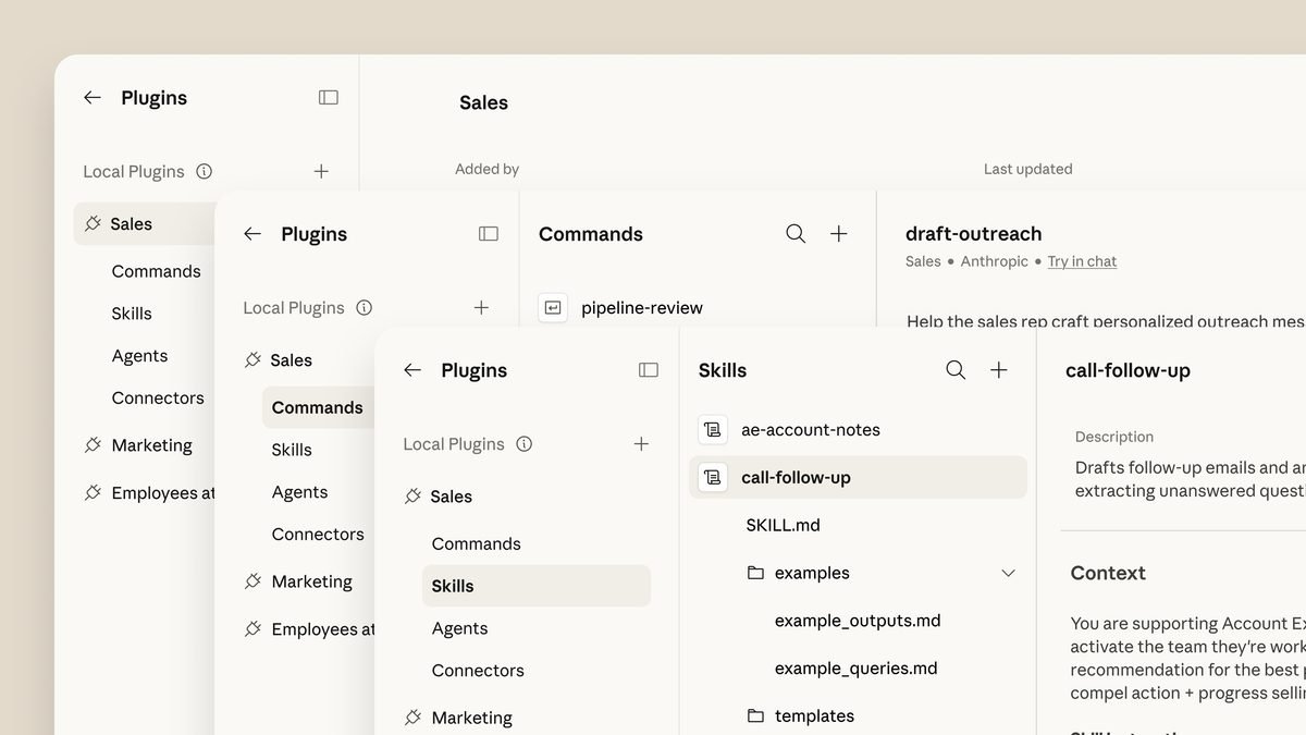 פאנל הפלאגינים של Claude Cowork - סקילס, פקודות וקונקטורים