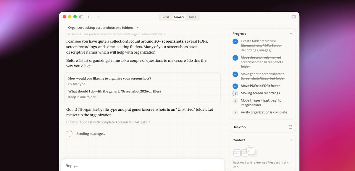 Claude Cowork בונה תוכנית עבודה ומציג התקדמות בזמן אמת