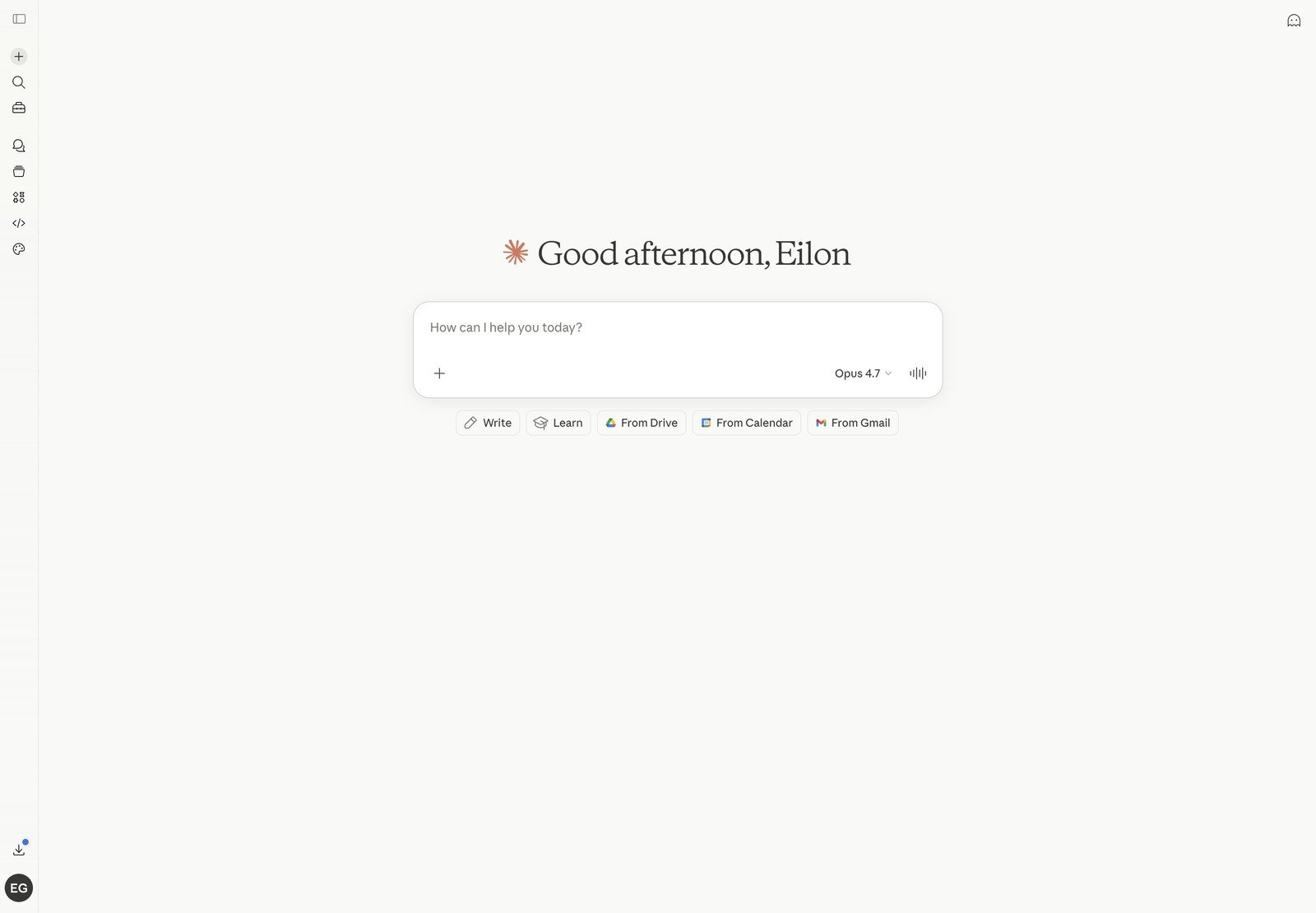 ממשק הבית של Claude.ai עם השדה How can I help you today