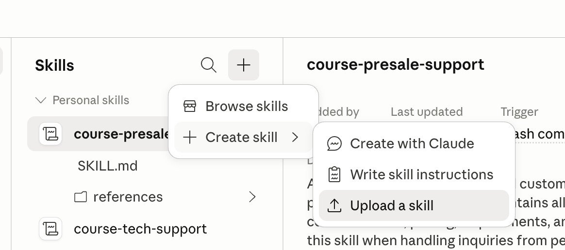 תפריט Create skill של Claude.ai עם Create with Claude Write skill instructions ו-Upload a skill