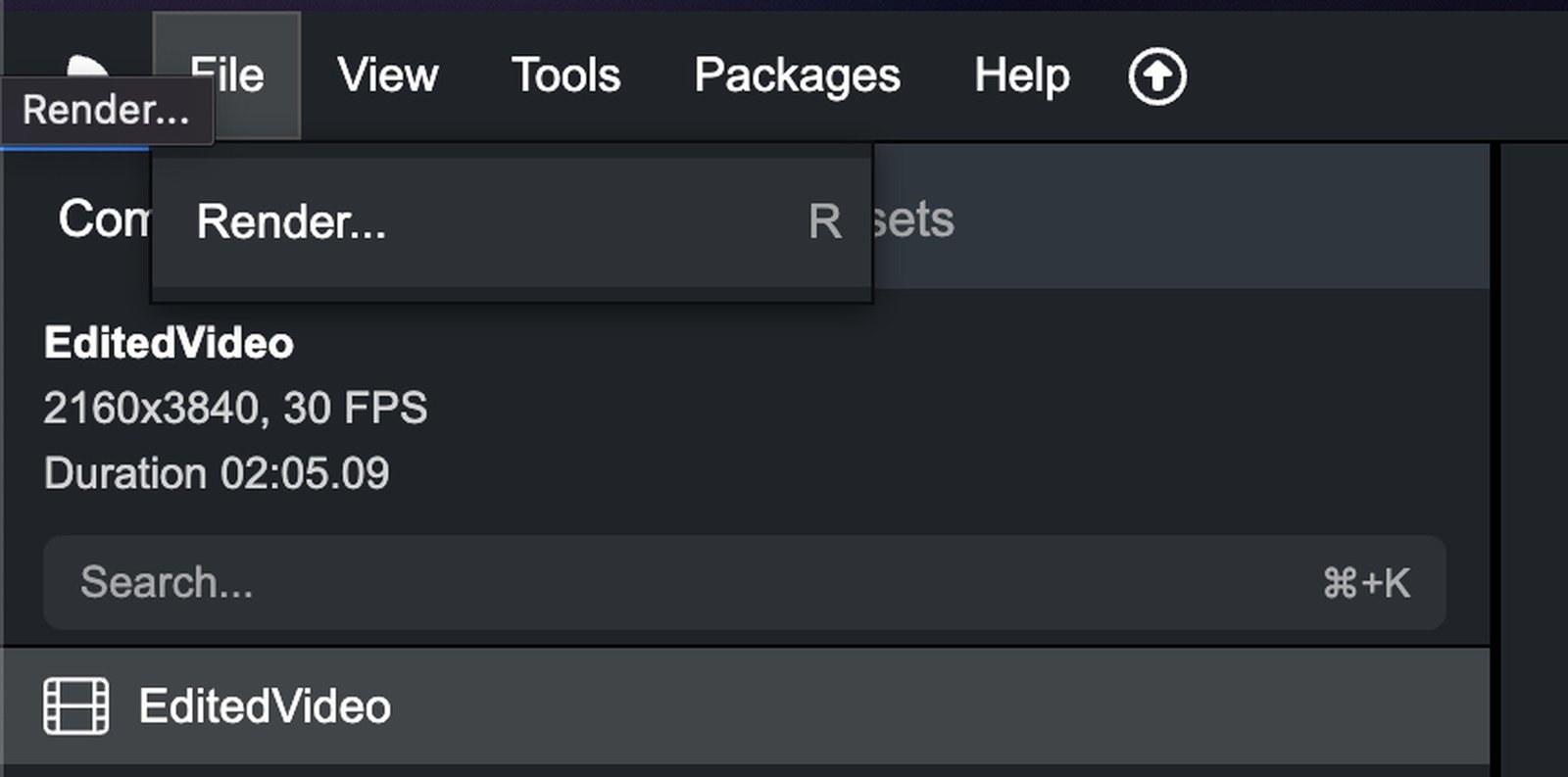 תפריט הרנדור של Remotion - יצוא הסרטון לקובץ MP4 דרך File ואז Render