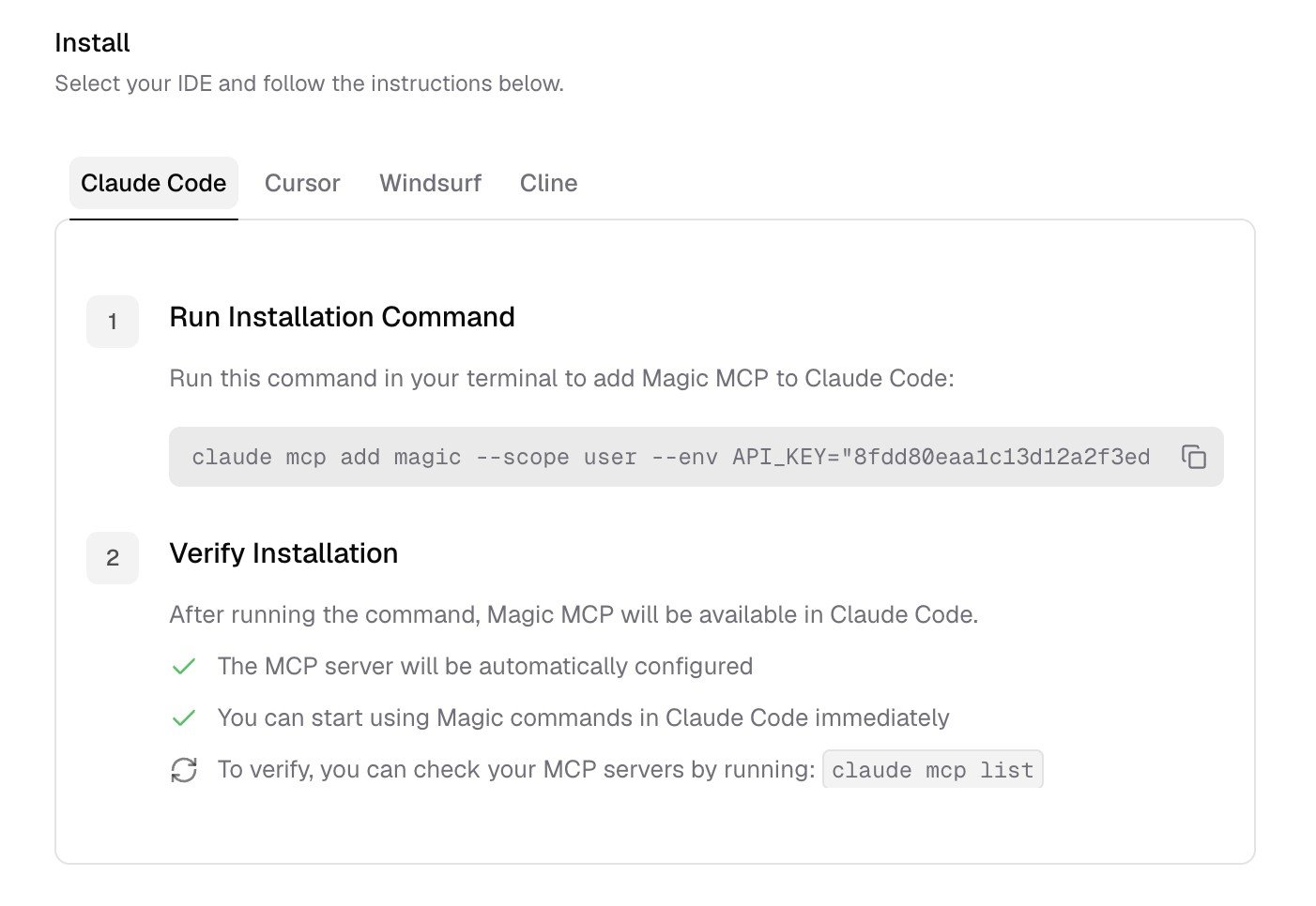 מסך התקנת Magic MCP עם פקודת claude mcp add magic לעותקה