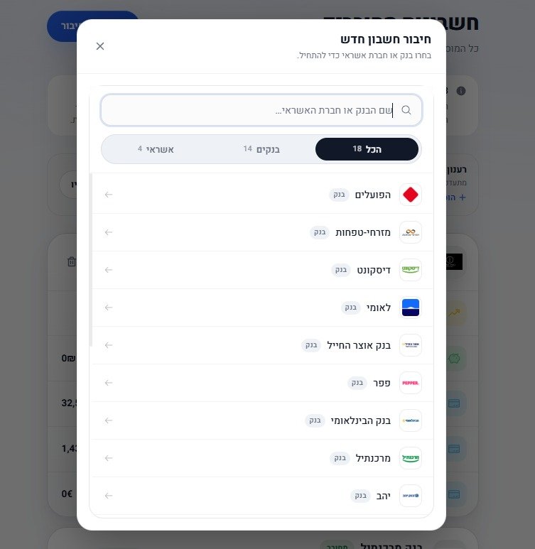חלון חיבור חשבון חדש ב-OpenFinance עם רשימת הבנקים וחברות האשראי לבחירה