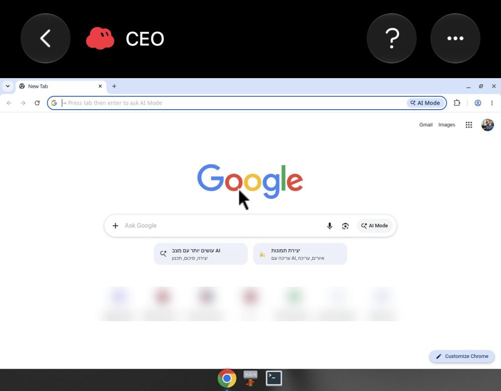 המסך של בוט בשם CEO באפליקציית Grok Bot בטלפון, עם דפדפן כרום שרץ על המחשב בענן