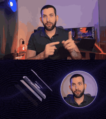 למטה האייפון נפתח לחלקים שמרחפים אחד מעל השני, ולידם מופיעים שמות בעברית של מצלמות, טעינה אלחוטית, סוללה ומעבד. איילון ממשיך לדבר בתוך העיגול מימין